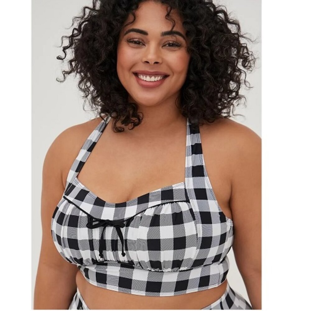 Torrid Retro Wireless Ruched Bikini Top 1 1X Black White Gingham Pin Up Vintage